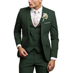 Dark green three-piece suit with notch lapel blazer, matching waistcoat and floral tie