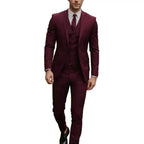 Full-length view of a burgundy three-piece suit with slim trousers and tailored jacket