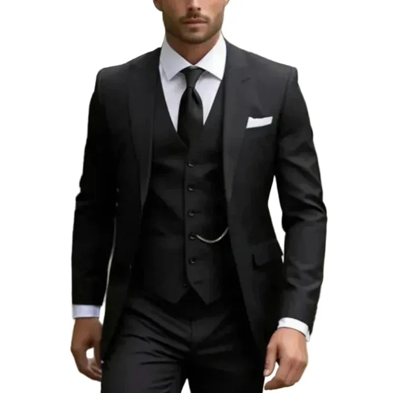 Black three-piece suit with peak lapels, six-button waistcoat and classic black tie