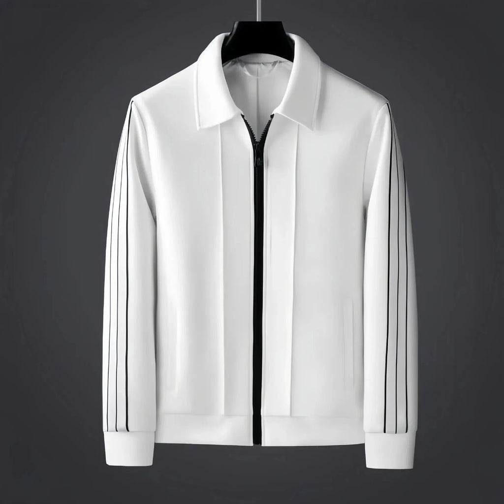 Front view of a white collared zip-up track jacket with twin black side stripes on the sleeves
