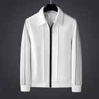 Front view of a white collared zip-up track jacket with twin black side stripes on the sleeves