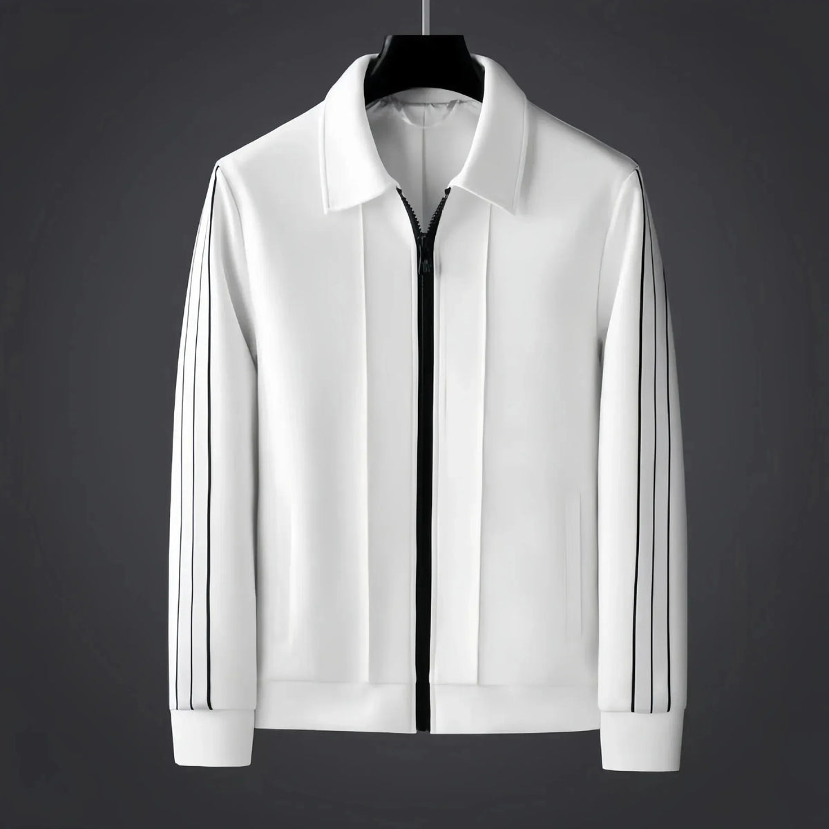 Front view of a white collared zip-up track jacket with twin black side stripes on the sleeves