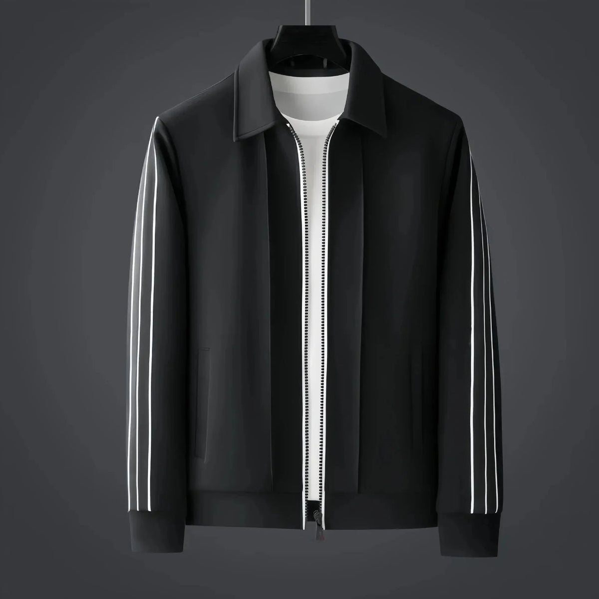 Front view of a black collared zip-up track jacket layered over a white t-shirt with white side stripes