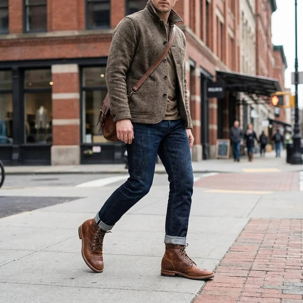 Vintage Leather Lace-Up Boots with Cap Toe