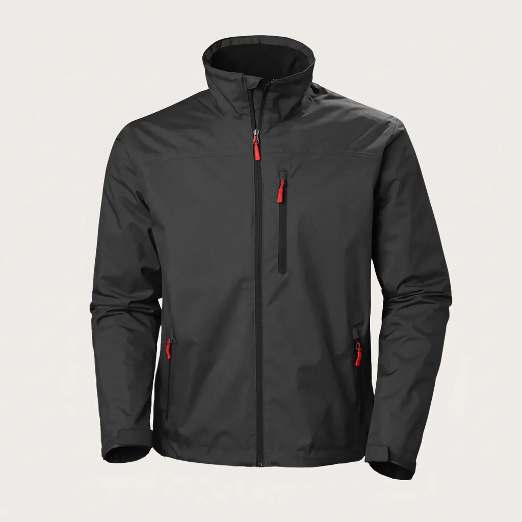 Front view of a black waterproof jacket with stand collar, red-tab zip, chest pocket and zipped side pockets