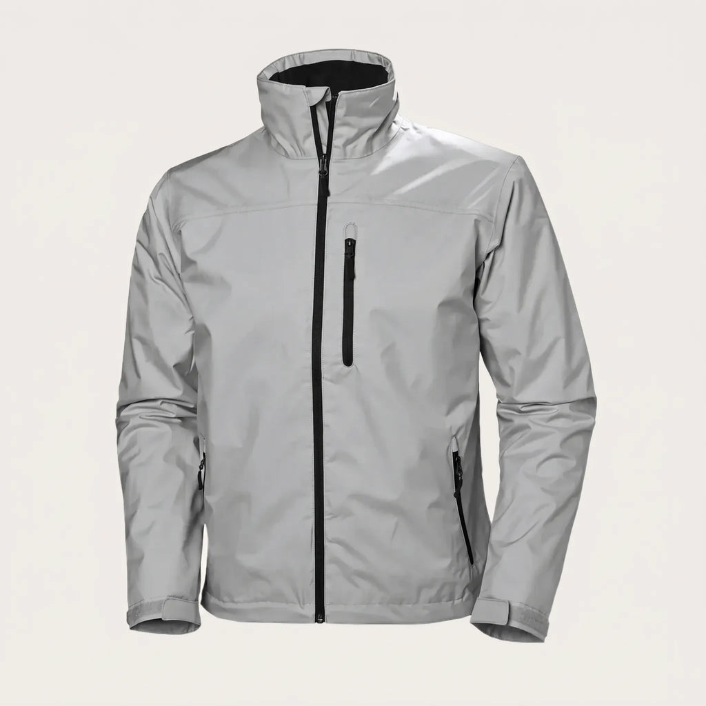 Grey waterproof jacket shown front on, with black zip pulls, stand collar and fleece-lined neck trim
