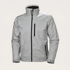 Grey waterproof jacket shown front on, with black zip pulls, stand collar and fleece-lined neck trim
