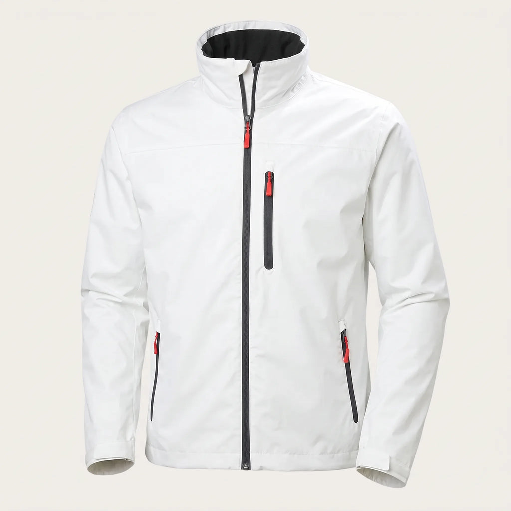 White waterproof jacket with red zip pulls and contrast black collar lining, shown from the front