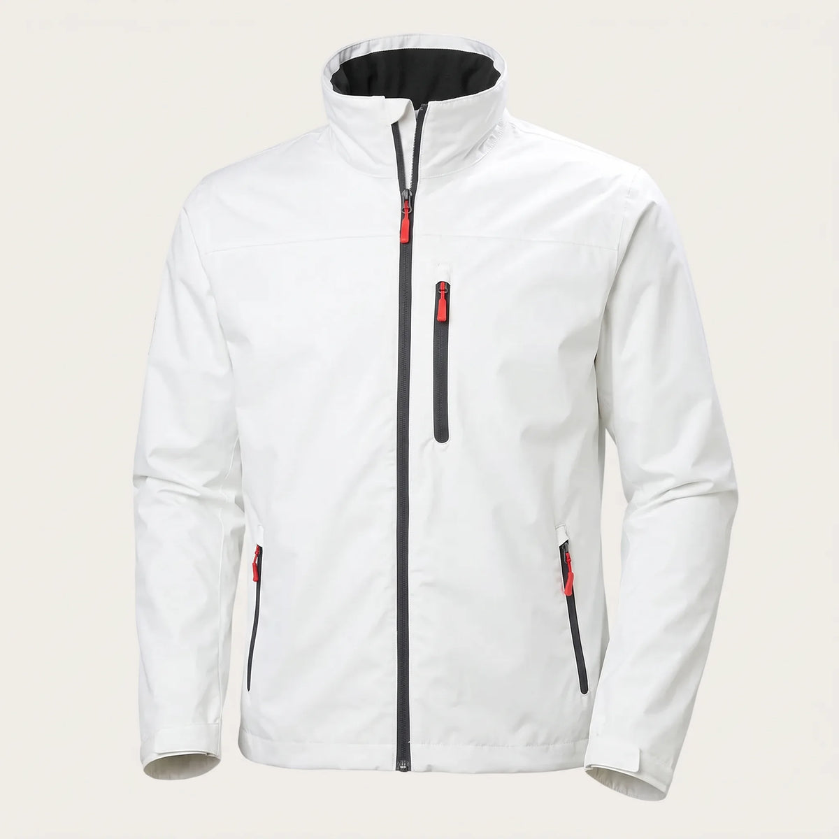 White waterproof jacket with red zip pulls and contrast black collar lining, shown from the front