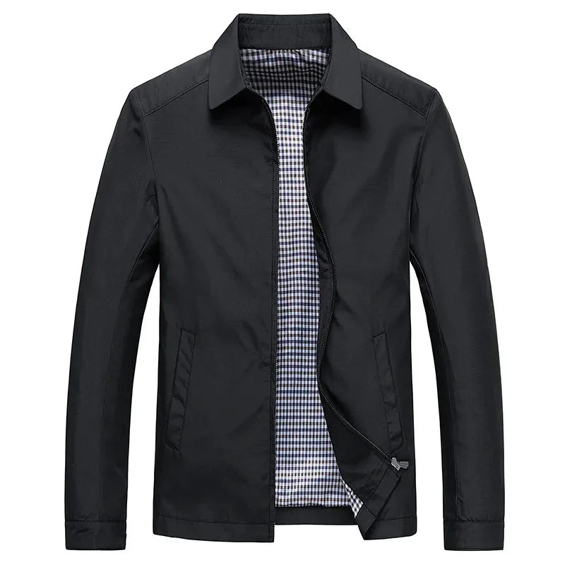 Front view of black smart casual jacket, zipped collar open, showing checked lining and side pockets