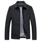 Front view of black smart casual jacket, zipped collar open, showing checked lining and side pockets