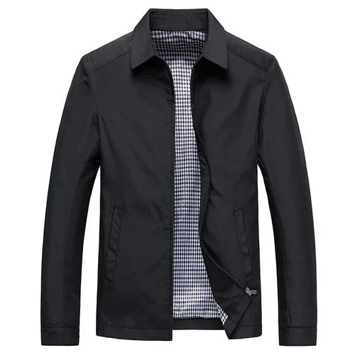 Front view of black smart casual jacket, zipped collar open, showing checked lining and side pockets