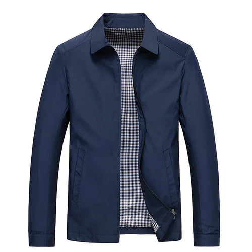 Navy blue jacket with classic point collar, front zip and welt pockets, shown open against a plain background