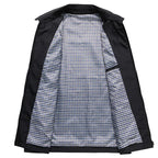 Close-up of jacket interior showing navy and white checked lining and inner chest pocket