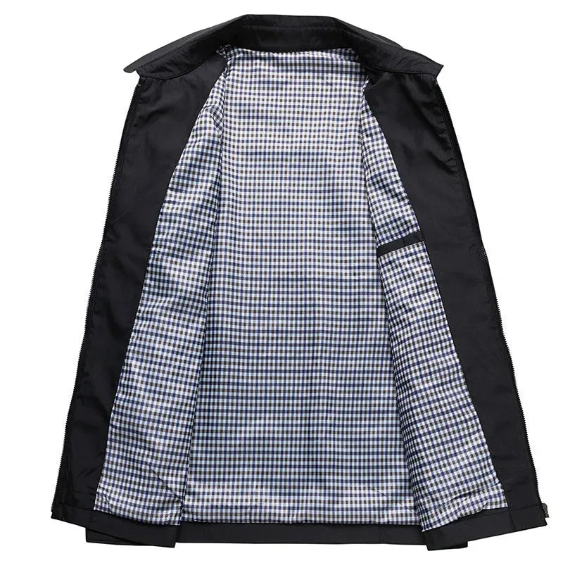Close-up of jacket interior showing navy and white checked lining and inner chest pocket