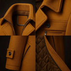 Close-up detail grid showing the double collar zip, chest button, side pocket zip and quilted satin lining of the coat