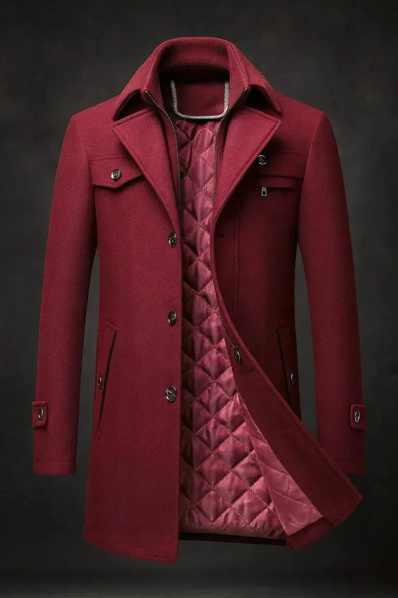 Burgundy wool overcoat worn open, showing the diamond-quilted lining and structured single-breasted front