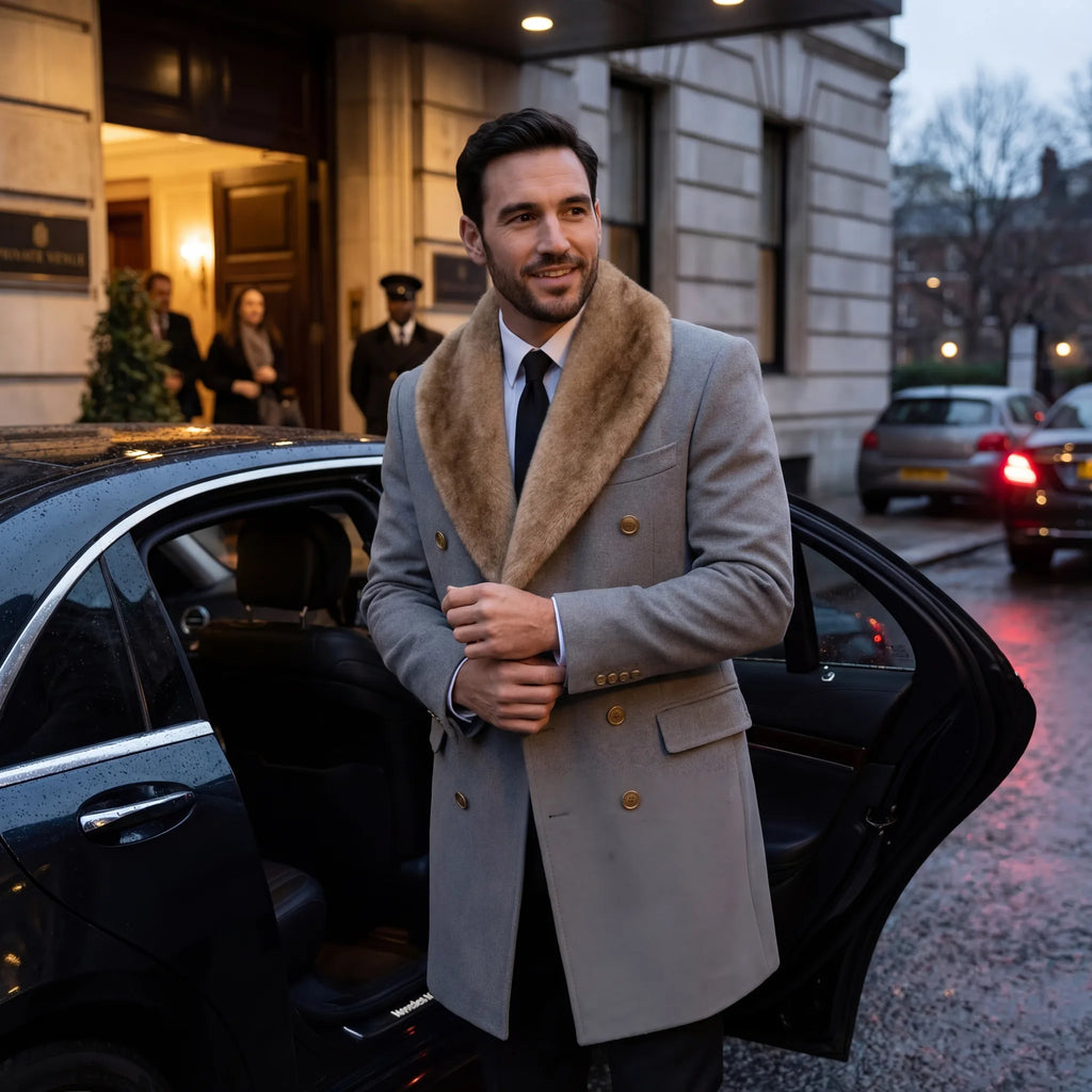 Man in grey double-breasted wool overcoat with brown faux fur shawl collar, stepping out of a car in the rain