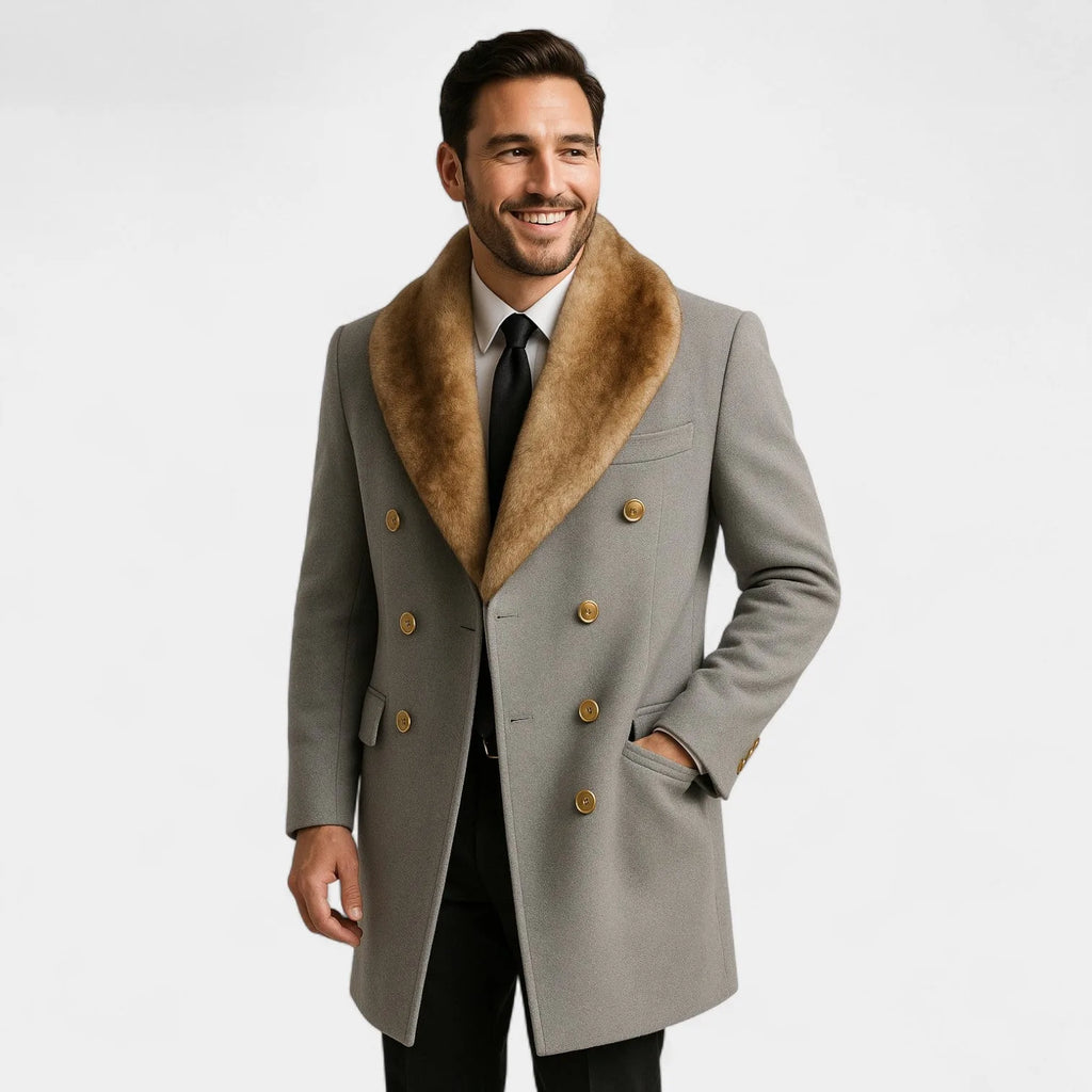 Front view of grey wool coat with plush tan fur collar, gold-tone buttons and tailored fit on a male model