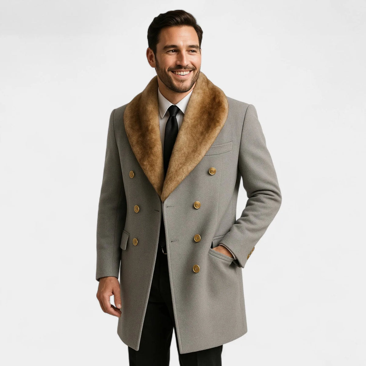 Russell | Men's Double-Breasted Wool Overcoat with Faux Fur Collar