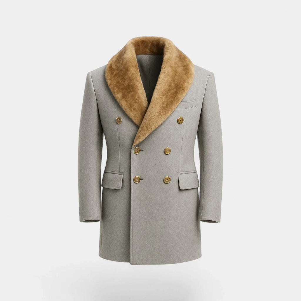 Grey double-breasted overcoat shown flat with fur shawl collar, horn-style buttons and flap pockets, no model