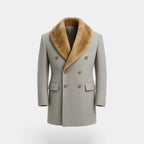 Grey double-breasted overcoat shown flat with fur shawl collar, horn-style buttons and flap pockets, no model