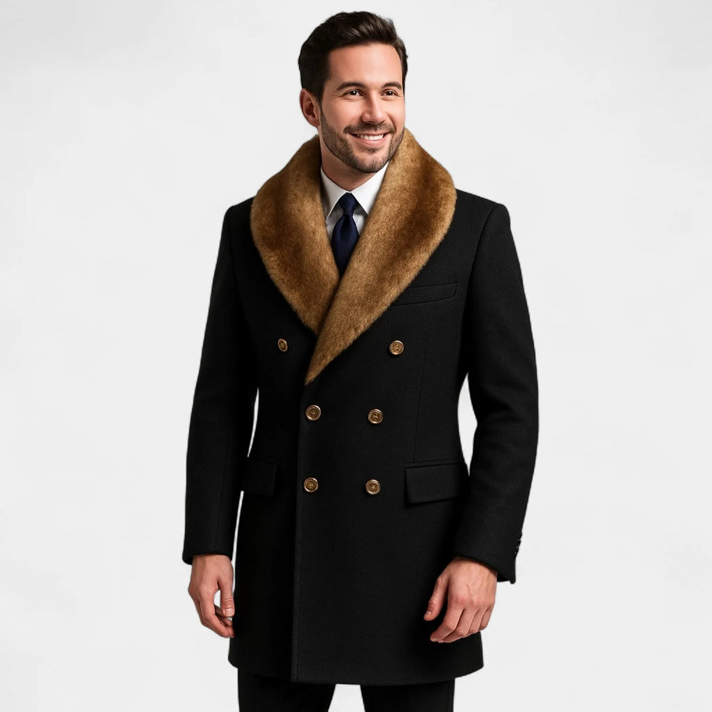 Man wearing black double-breasted wool coat with tan fur collar, navy tie and white shirt underneath