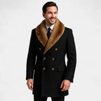 Man wearing black double-breasted wool coat with tan fur collar, navy tie and white shirt underneath