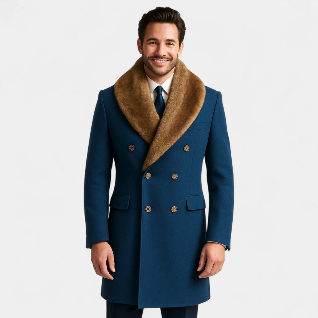 Front view of navy blue double-breasted wool coat with brown fur shawl collar and gold buttons on male model