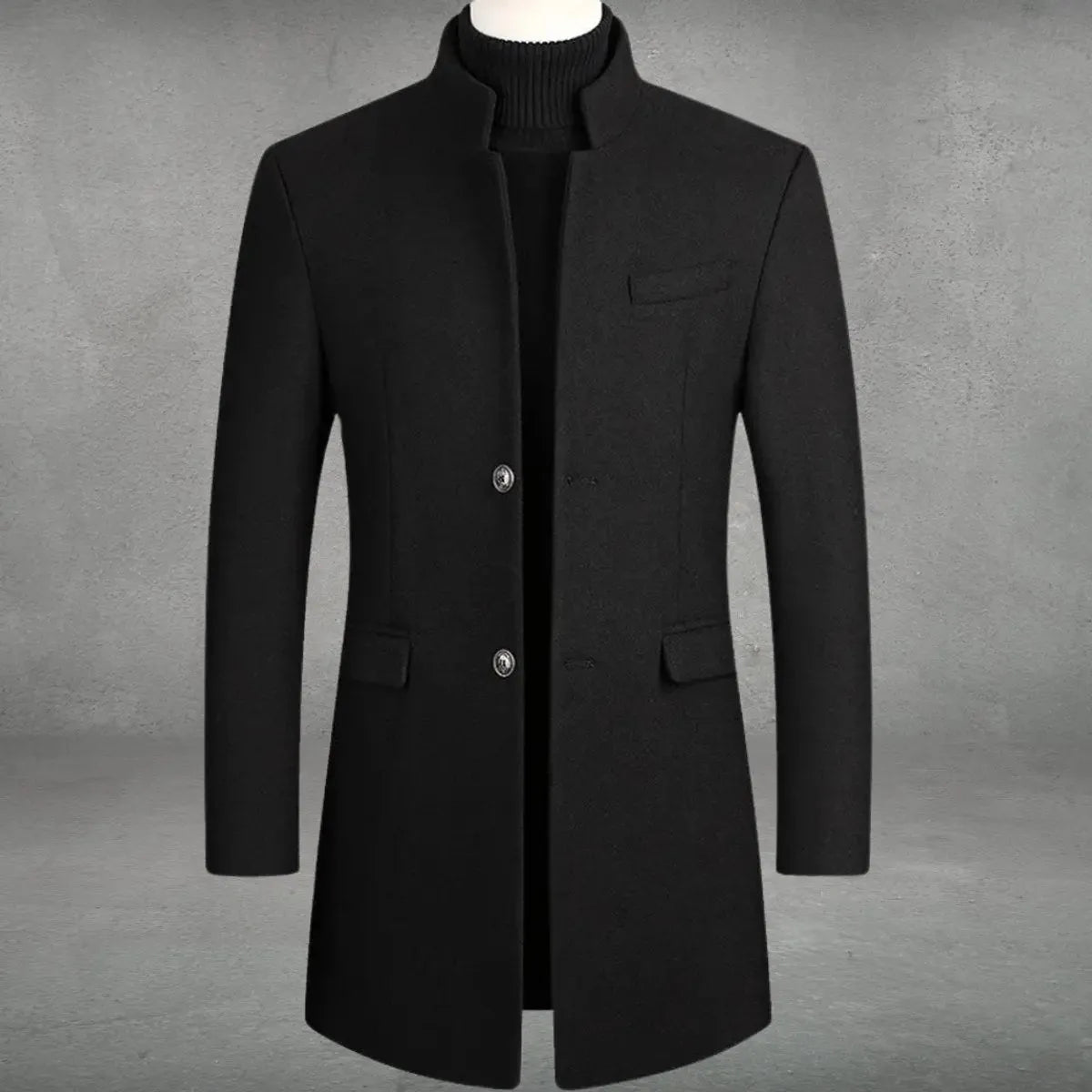 Black tailored wool overcoat with mandarin collar and button-through front, worn open over a black polo neck