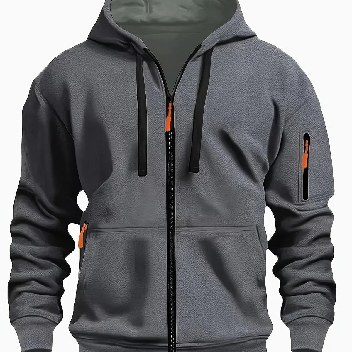 Front view of grey zip-up hoodie with contrasting green hood lining and orange zip pulls
