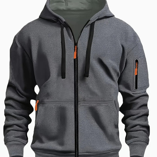 Front view of grey zip-up hoodie with contrasting green hood lining and orange zip pulls