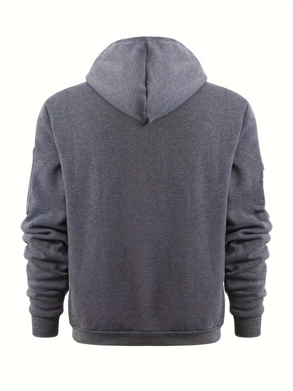 Back view of grey zip-up hoodie showing plain back panel, hood and ribbed cuffs