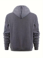 Back view of grey zip-up hoodie showing plain back panel, hood and ribbed cuffs