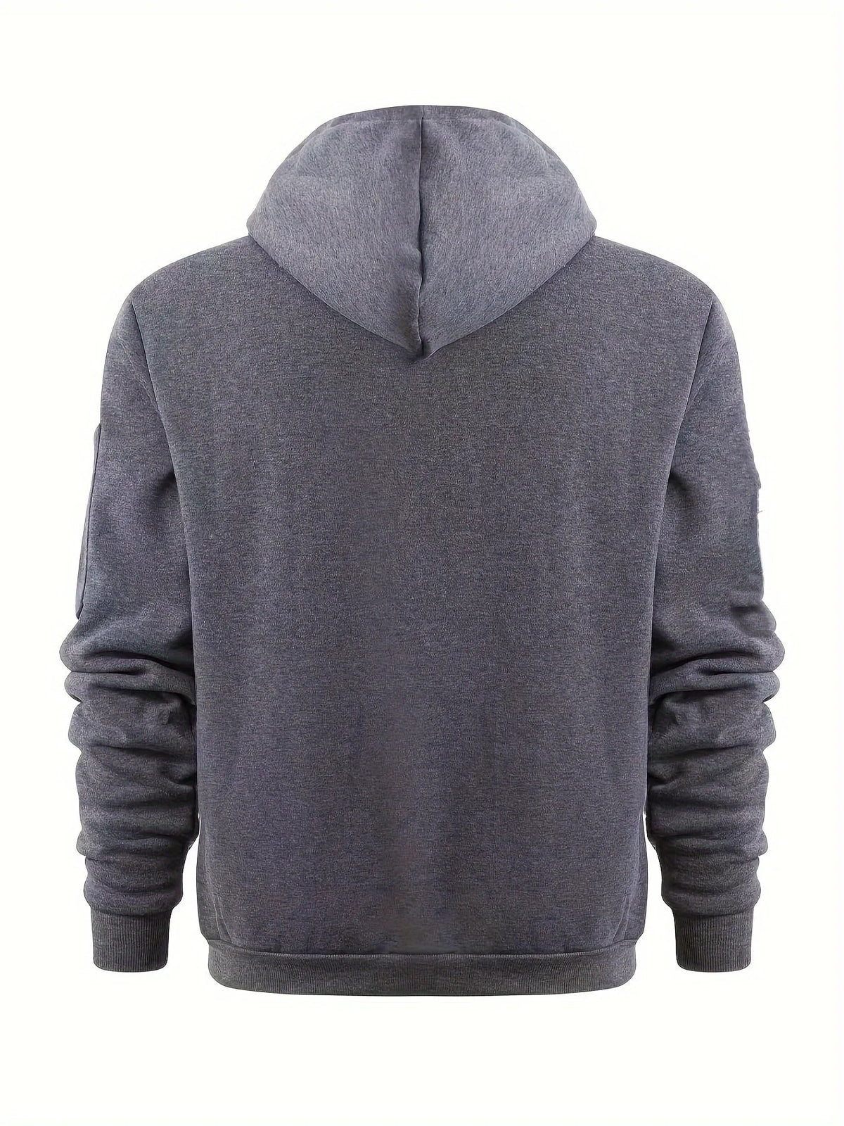 Back view of grey zip-up hoodie showing plain back panel, hood and ribbed cuffs