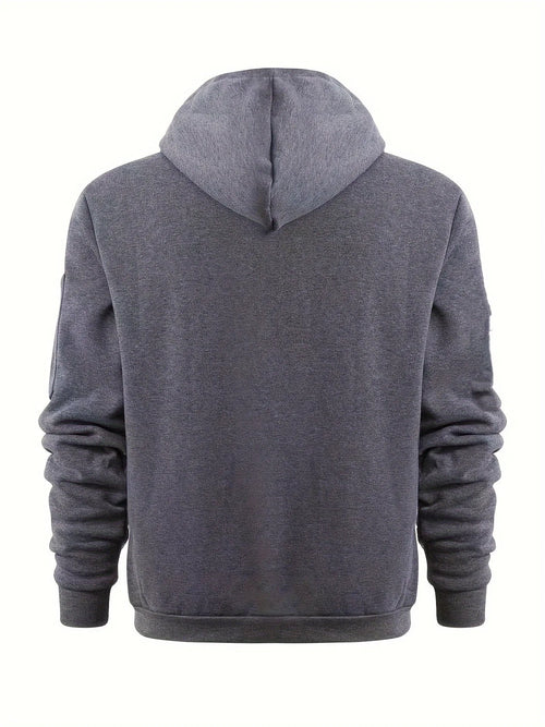 Back view of grey zip-up hoodie showing plain back panel, hood and ribbed cuffs