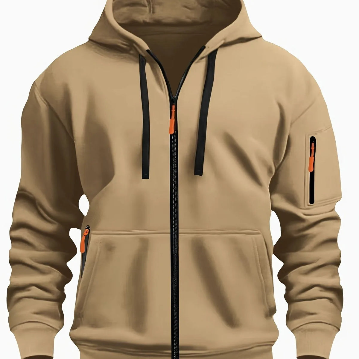 Front view of khaki zip-up hoodie with black drawstrings and orange zip pulls