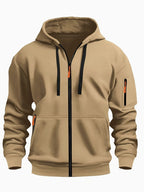 Front view of khaki zip-up hoodie showing sleeve zip pocket and kangaroo pocket