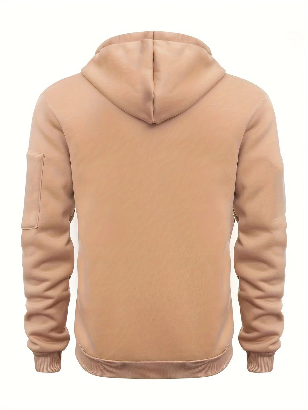 Back view of khaki zip-up hoodie showing hood, sleeve pocket and ribbed hem