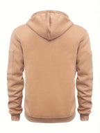 Back view of khaki zip-up hoodie showing hood, sleeve pocket and ribbed hem