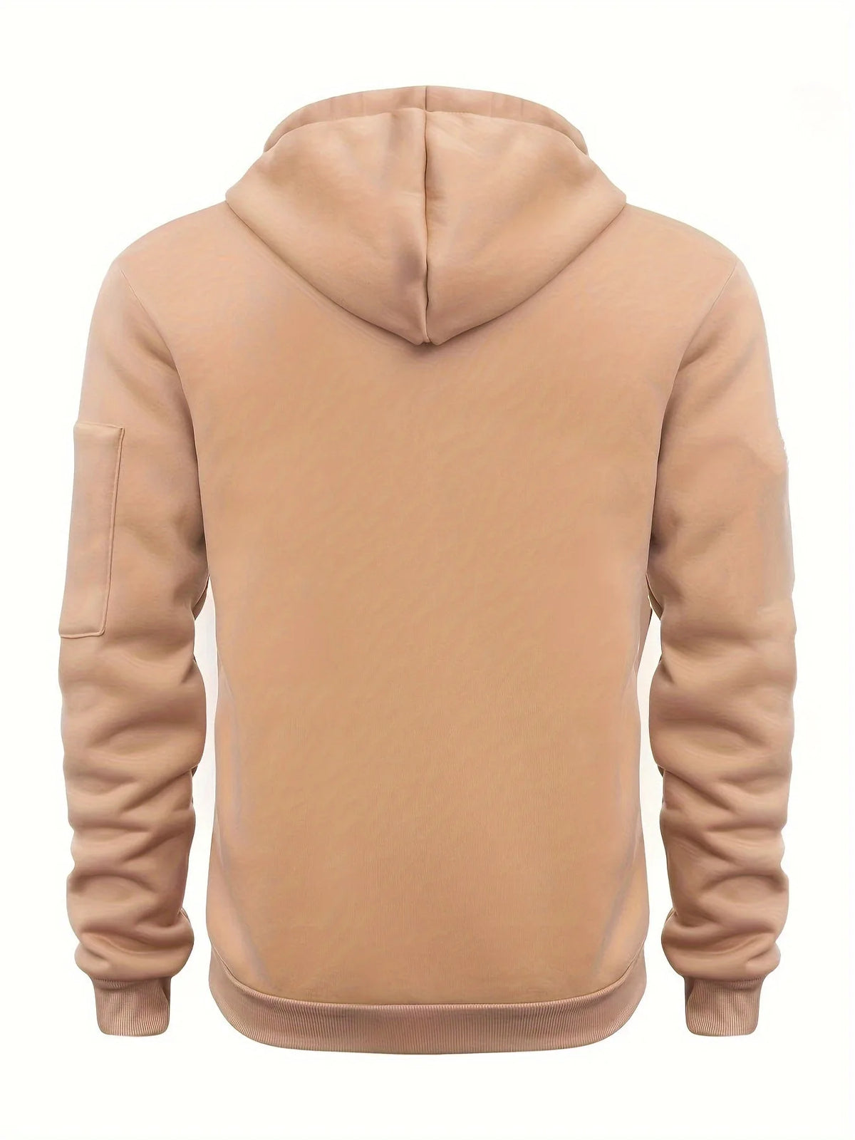 Back view of khaki zip-up hoodie showing hood, sleeve pocket and ribbed hem