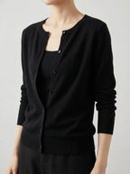 Close-up of a black knitted cardigan buttoned over a matching black top and trousers