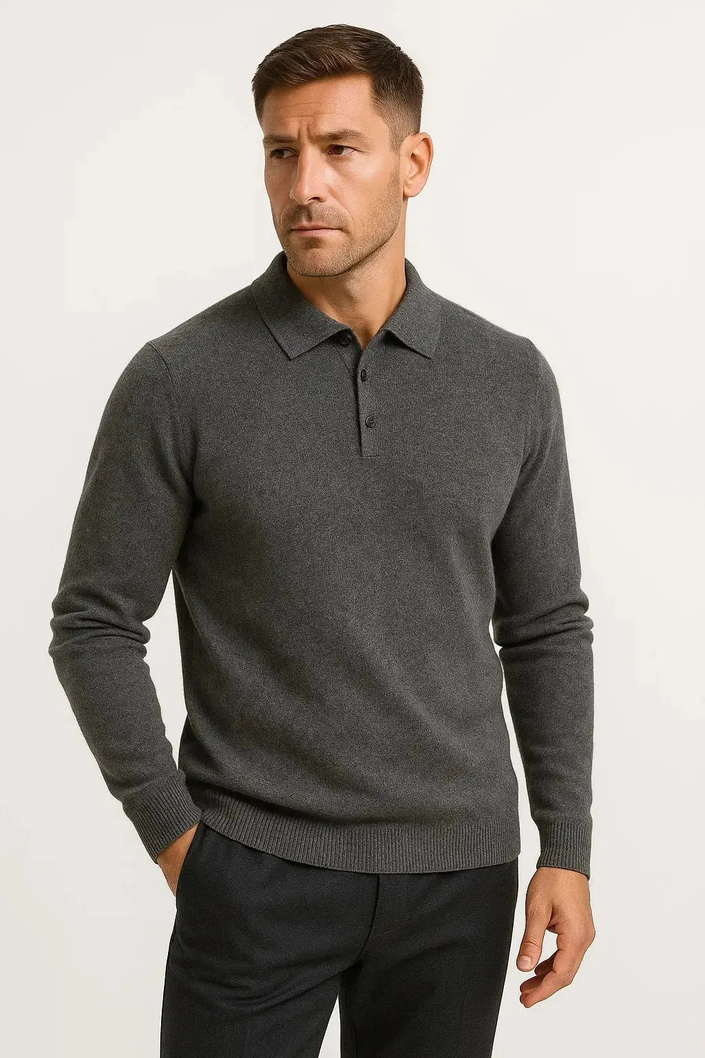 Man wearing a grey marl merino wool polo jumper with ribbed collar, three-button placket and dark trousers.