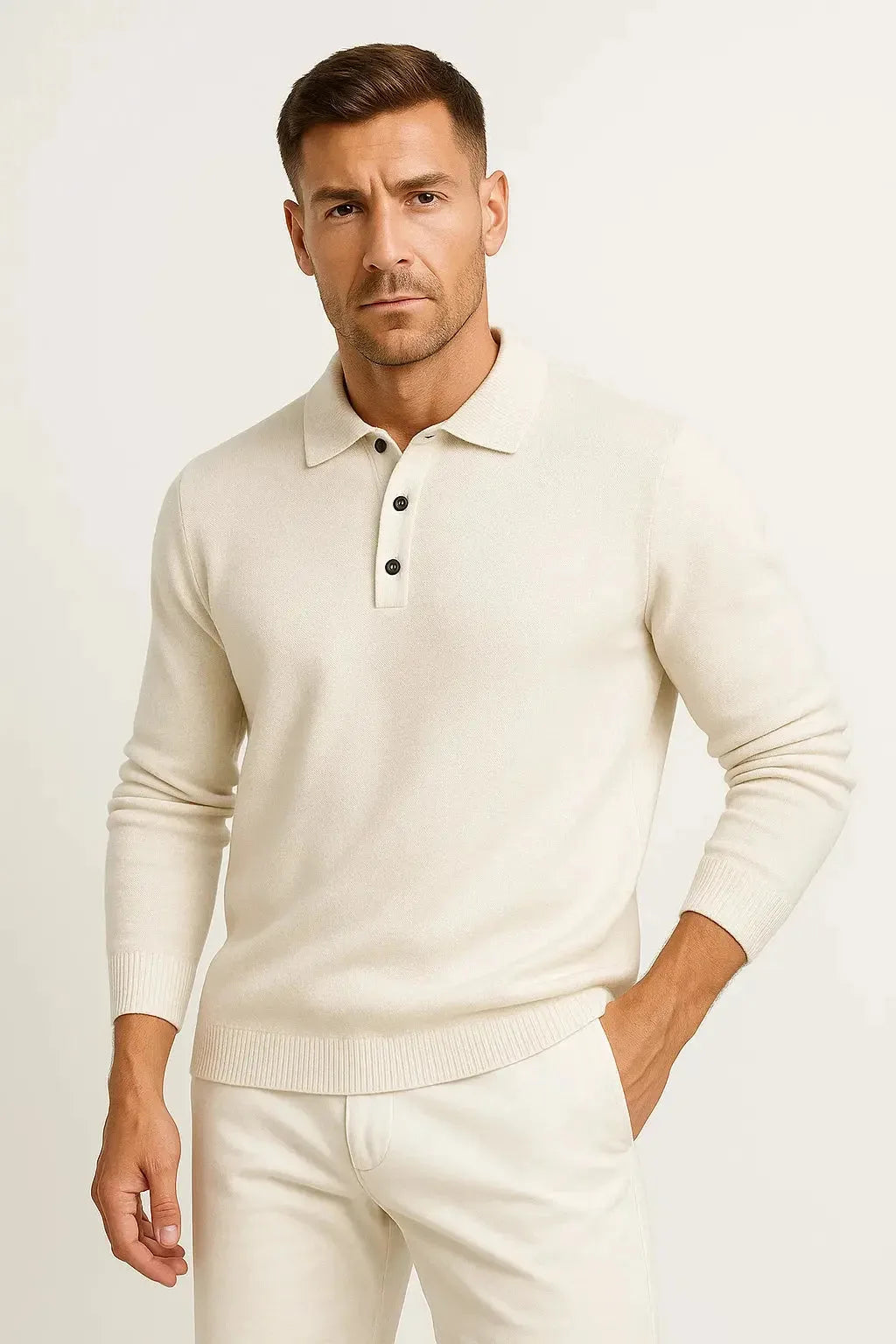 Man in an off-white cream polo jumper with structured collar and button placket, paired with cream trousers.