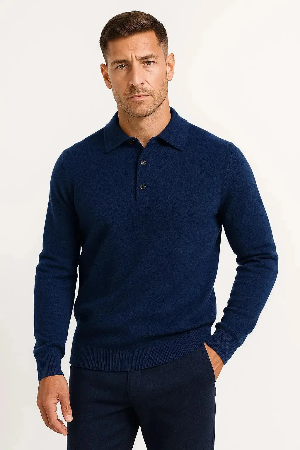 Man wearing a navy blue knitted polo jumper with ribbed collar and dark buttons, hands in trouser pockets.