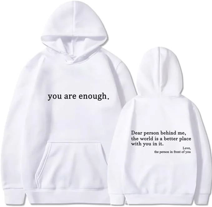 White hoodie laid flat front and back, showing the kangaroo pocket and chest text alongside the back print