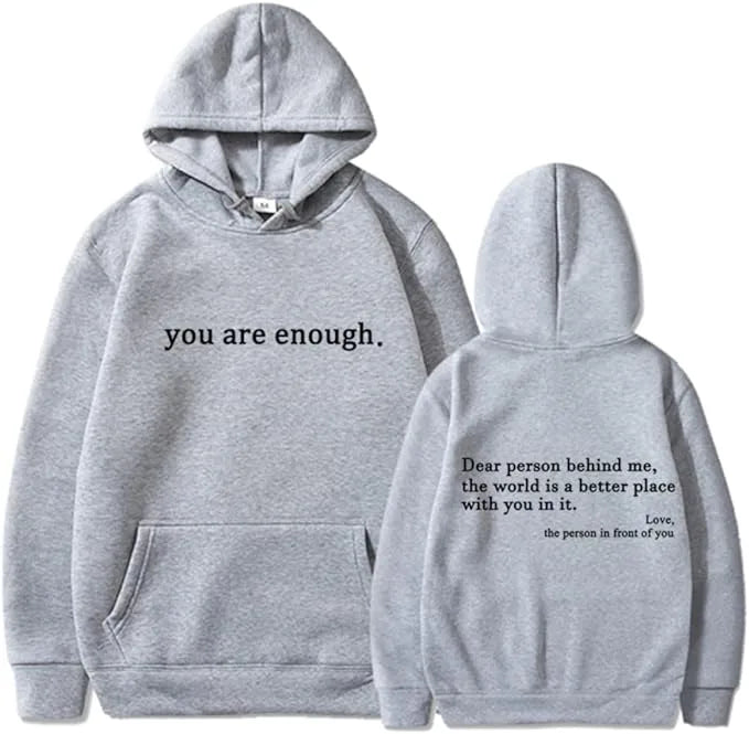 Grey hooded jumper shown front and back with matching chest and back text prints and ribbed cuffs