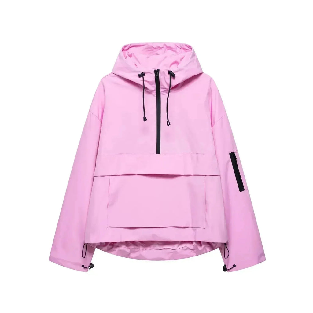 Pink hooded anorak jacket with half-zip front, drawstring hood and chest zip pocket on sleeve, shown flat on white background