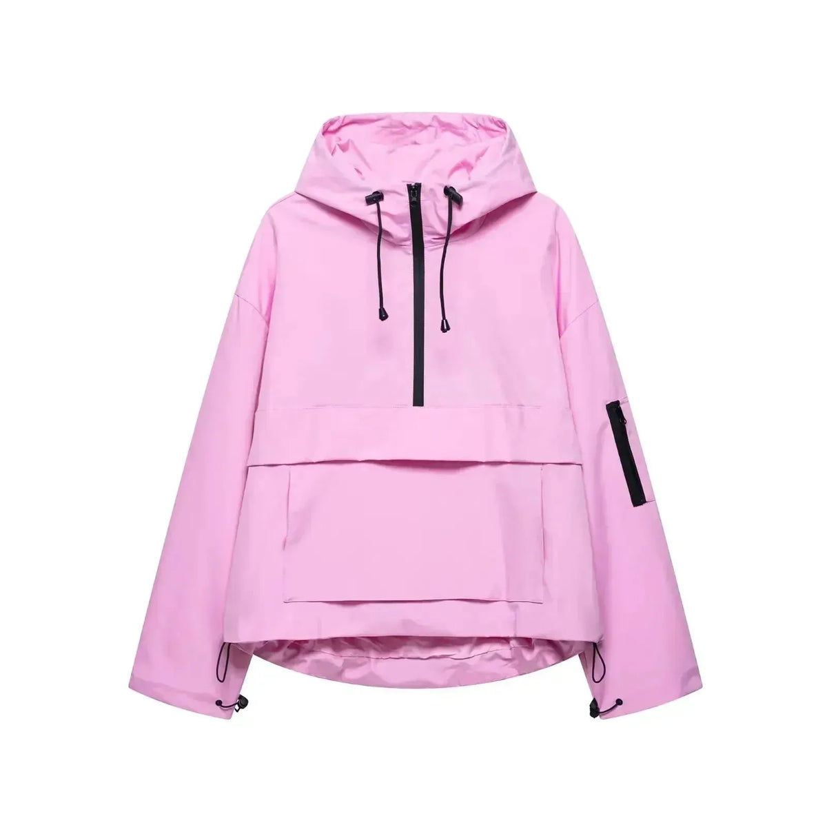 Pink hooded anorak jacket with half-zip front, drawstring hood and chest zip pocket on sleeve, shown flat on white background
