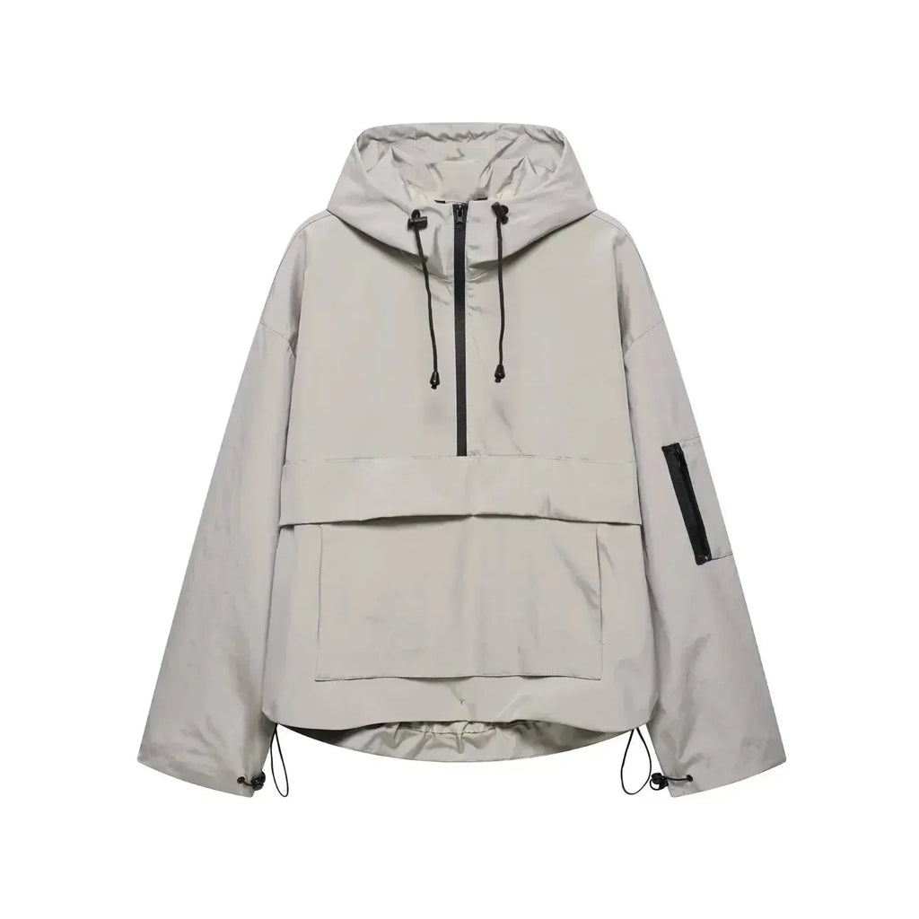 Light grey hooded anorak jacket with half-zip, kangaroo pocket and adjustable hem drawstrings, front flat lay view